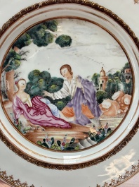 A Chinese famille rose plate depicting a scene from a fable by La Fontaine and a 'Shepherds' plate, Qianlong