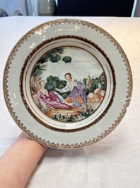 A Chinese famille rose plate depicting a scene from a fable by La Fontaine and a 'Shepherds' plate, Qianlong