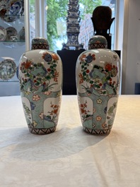 A pair of famille verte-style ovoid jars and covers, Samson, Paris, 19th C.