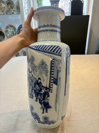 A Chinese blue and white rouleau vase with narrative design, Kangxi
