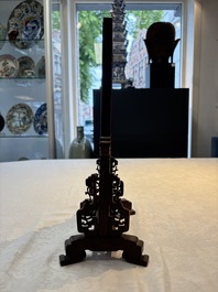 A Chinese laque burgaut&eacute; and hongmu table screen, Qing