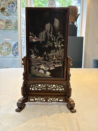 A Chinese laque burgaut&eacute; and hongmu table screen, Qing
