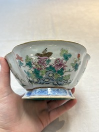Four Chinese famille rose tazzas, one with a wooden stand, Xianfeng and Tongzhi marks, 19th C.