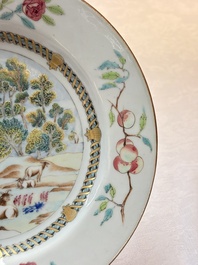 A Chinese famille rose plate depicting a scene from a fable by La Fontaine and a 'Shepherds' plate, Qianlong