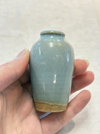 A Chinese blue-glazed 'jun' miniature vase with a wooden box, Song/Yuan