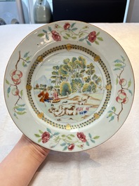 A Chinese famille rose plate depicting a scene from a fable by La Fontaine and a 'Shepherds' plate, Qianlong