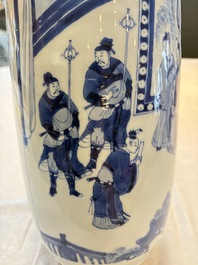 A Chinese blue and white rouleau vase with narrative design, Kangxi