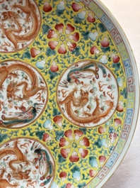 A Chinese famille rose yellow-ground 'dragon' plate and a 'lantern festival' plate, Guangxu marks and of the period