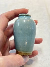 A Chinese blue-glazed 'jun' miniature vase with a wooden box, Song/Yuan