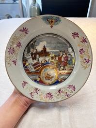 A rare Chinese Dutch-decorated famille rose 'Brussels Clothtraders' plate, Qianlong, ca. 1740-1750
