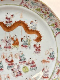 A Chinese famille rose yellow-ground 'dragon' plate and a 'lantern festival' plate, Guangxu marks and of the period