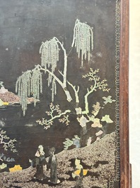 A Chinese laque burgaut&eacute; and hongmu table screen, Qing