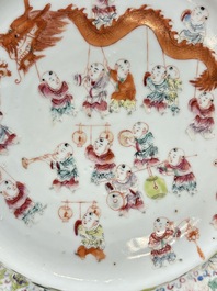 A Chinese famille rose yellow-ground 'dragon' plate and a 'lantern festival' plate, Guangxu marks and of the period