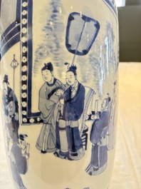 A Chinese blue and white rouleau vase with narrative design, Kangxi