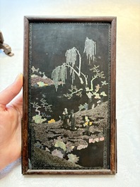 A Chinese laque burgaut&eacute; and hongmu table screen, Qing