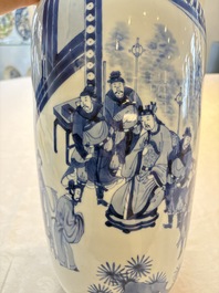 A Chinese blue and white rouleau vase with narrative design, Kangxi