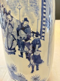 A Chinese blue and white rouleau vase with narrative design, Kangxi