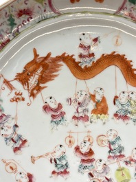 A Chinese famille rose yellow-ground 'dragon' plate and a 'lantern festival' plate, Guangxu marks and of the period