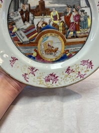A rare Chinese Dutch-decorated famille rose 'Brussels Clothtraders' plate, Qianlong, ca. 1740-1750