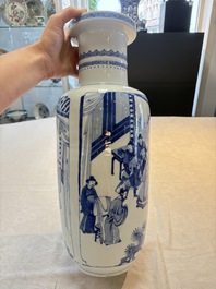 A Chinese blue and white rouleau vase with narrative design, Kangxi