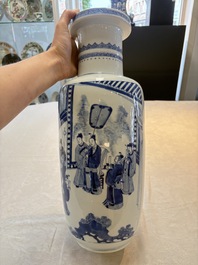 A Chinese blue and white rouleau vase with narrative design, Kangxi