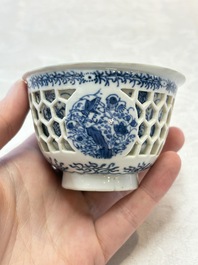 A Chinese blue and white reticulated double-walled cup, pearl mark, Kangxi