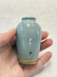 A Chinese blue-glazed 'jun' miniature vase with a wooden box, Song/Yuan