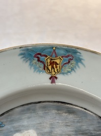 A rare Chinese Dutch-decorated famille rose 'Brussels Clothtraders' plate, Qianlong, ca. 1740-1750