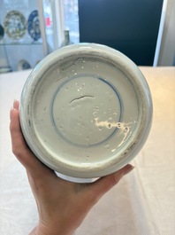 A Chinese blue and white rouleau vase with narrative design, Kangxi