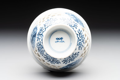 A Chinese blue and white reticulated double-walled cup, pearl mark, Kangxi