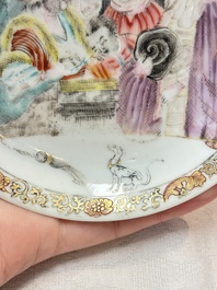 A pair of rare Chinese rose-grisaille cups and saucers after 'Actors of the Com&eacute;die-Fran&ccedil;aise' by Watteau, Yongzheng/Qianlong