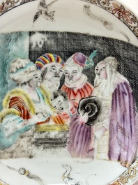 A pair of rare Chinese rose-grisaille cups and saucers after 'Actors of the Com&eacute;die-Fran&ccedil;aise' by Watteau, Yongzheng/Qianlong