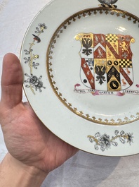 A Chinese armorial plate with the arms of Bouverie quartering Urry and Clarke impaling Pleydell for the English market, Qianlong, ca. 1748