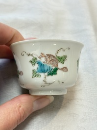 A pair of Chinese famille verte 'squirrels and melons' cups, Chenghua mark, Kangxi
