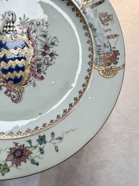 A pair of Chinese famille rose armorial soup plates with the arms of Longden for the English market, Qianlong, ca. 1748