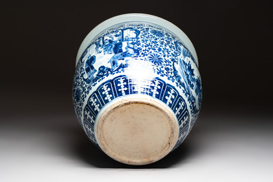 A Chinese blue and white fish bowl with narrative design, 19th C.
