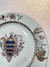 A pair of Chinese famille rose armorial soup plates with the arms of Longden for the English market, Qianlong, ca. 1748