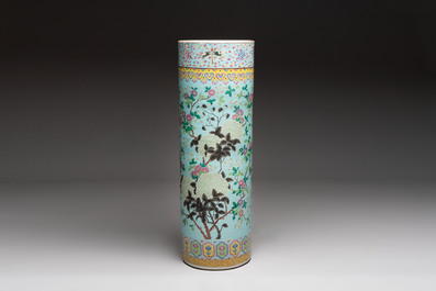 A massive Chinese famille rose turquoise-ground cylindrical vase with floral design, 19th C.