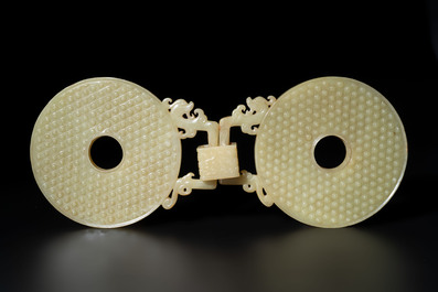 An imperial Chinese yellow jade 'dragon and phoenix' twin 'bi' disc, Qing