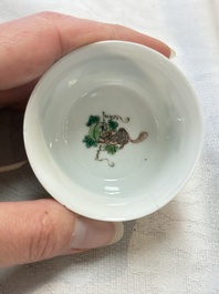 A pair of Chinese famille verte 'squirrels and melons' cups, Chenghua mark, Kangxi
