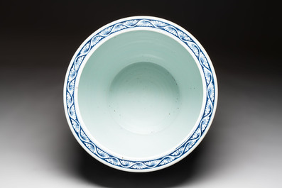 A Chinese blue and white fish bowl with narrative design, 19th C.