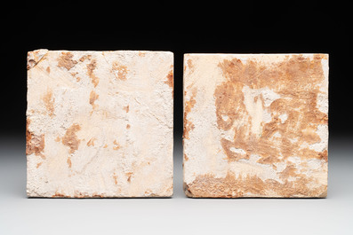 Two manganese Dutch Delft tiles with horse riders, 18th C.