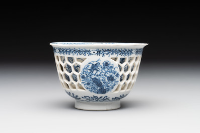A Chinese blue and white reticulated double-walled cup, pearl mark, Kangxi
