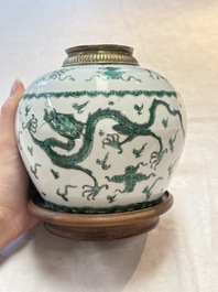 A Chinese green-enamelled 'dragon' jar mounted as a lamp, 18/19th C.