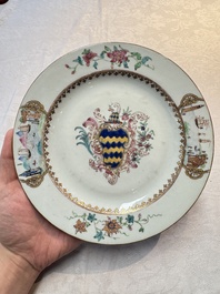 A pair of Chinese famille rose armorial soup plates with the arms of Longden for the English market, Qianlong, ca. 1748