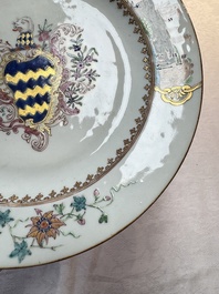 A pair of Chinese famille rose armorial soup plates with the arms of Longden for the English market, Qianlong, ca. 1748