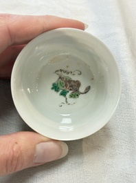 A pair of Chinese famille verte 'squirrels and melons' cups, Chenghua mark, Kangxi
