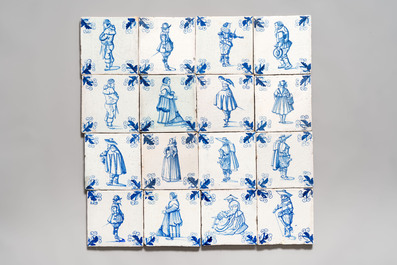 16 blue and white Dutch Delft tiles with oak leaf corners, 17th C.