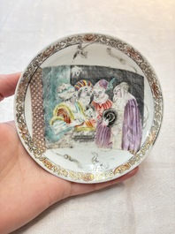 A pair of rare Chinese rose-grisaille cups and saucers after 'Actors of the Com&eacute;die-Fran&ccedil;aise' by Watteau, Yongzheng/Qianlong