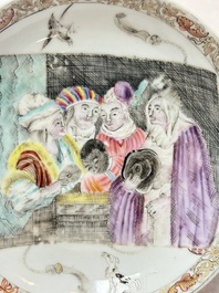 A pair of rare Chinese rose-grisaille cups and saucers after 'Actors of the Com&eacute;die-Fran&ccedil;aise' by Watteau, Yongzheng/Qianlong